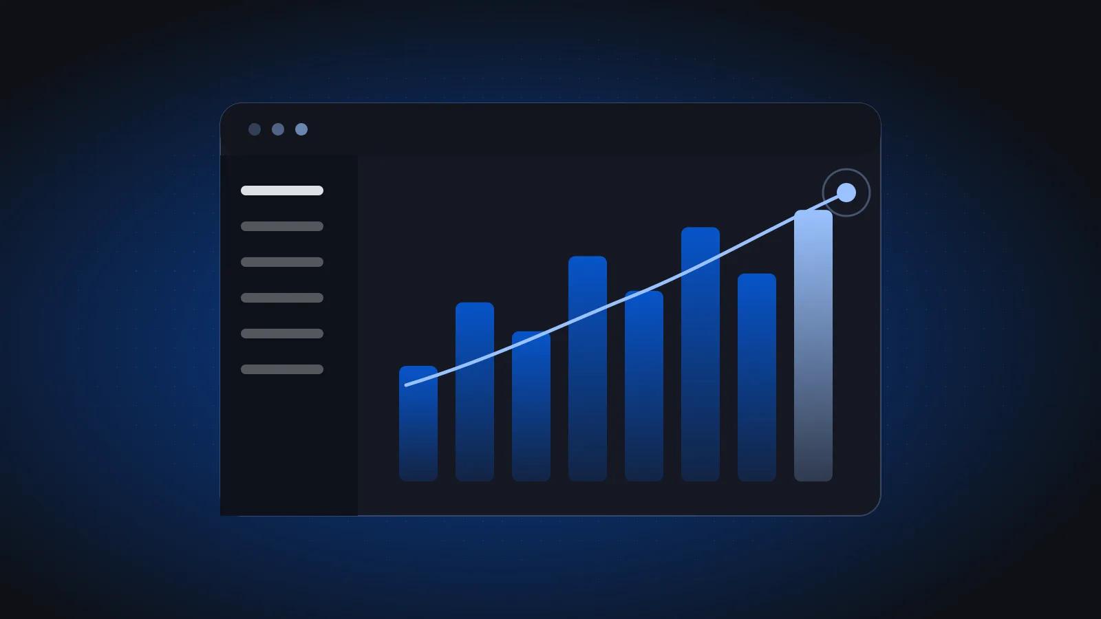 An ERP dashboard with a rising revenue chart